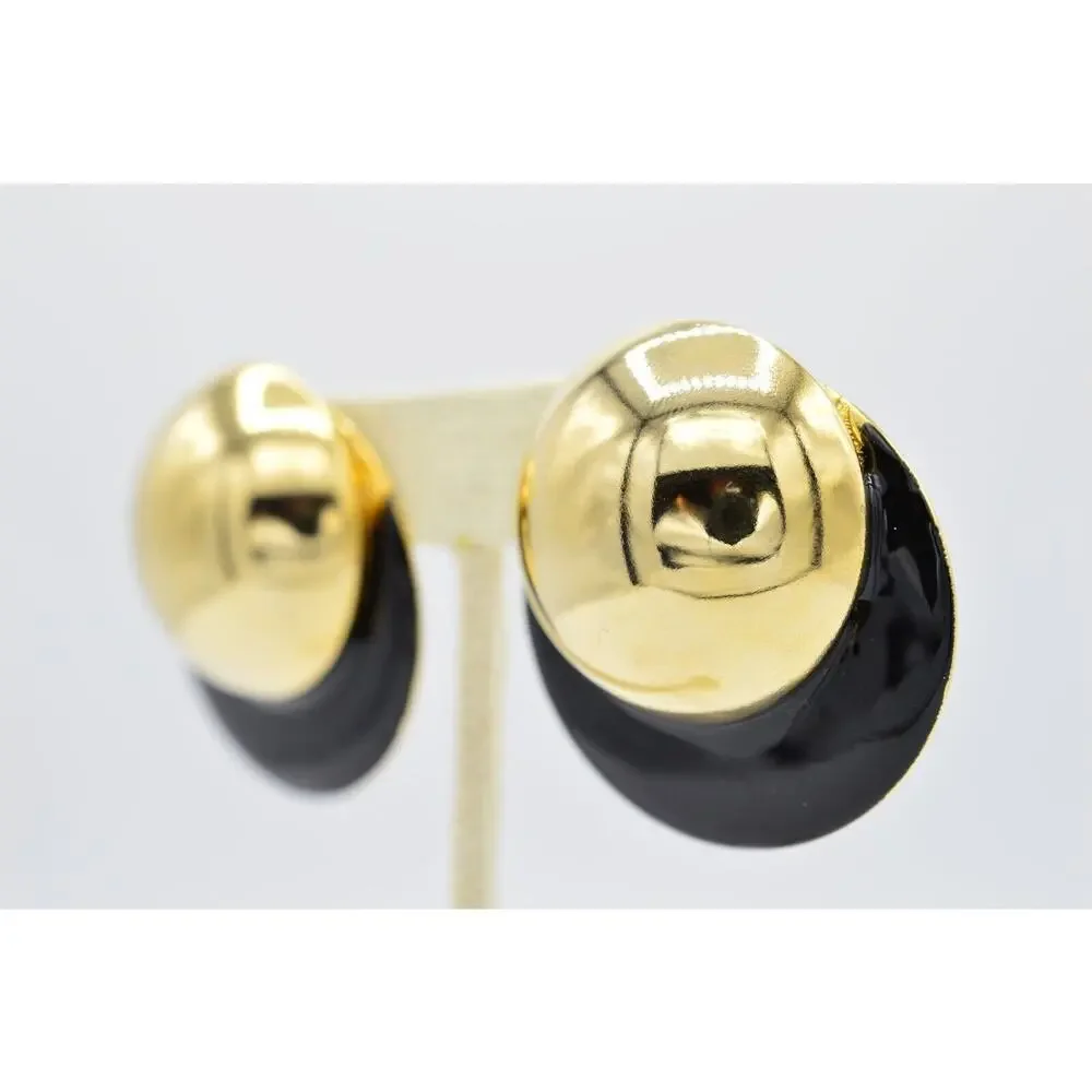Vintage Post Round Earrings Black Enamel Shiny Gold Chunky Metal NOS 1980s BinAA